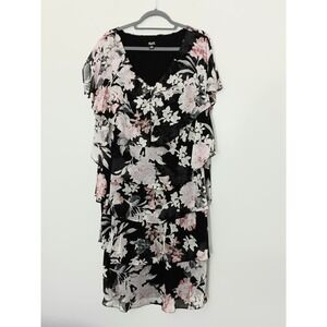 SLNY Dress Women's Size 20W Black &  Pink Floral Print Ruffle MIDI V-Neck NEW